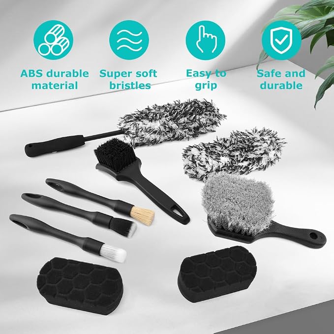 9PCS Car Wheel Cleaning Pro Kit, Tire Brush, Detailing Brush Set, Soft-bristled Rims Brush, Microfiber Flat Wheel Brushes, Double-Ended Detailing Brushes, Detailing Pads, Scratch-Free & Multipurpose