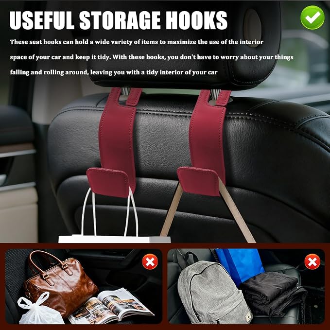 Car Seat Headrest Hooks, Purse Hook for Car, Automotive Headrest Handbags Holder, Auto Accessories Leather Seatback Organizer Hanger for Hanging Purses Bags Coats (Red, 1PCS)