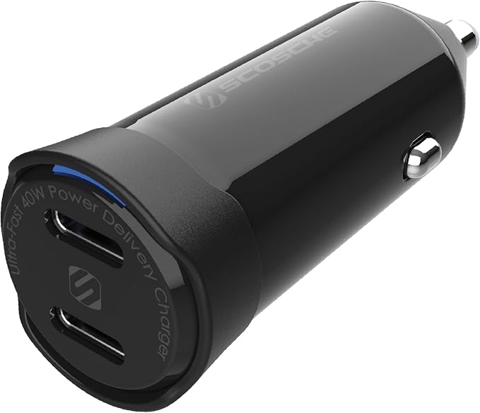 CPDCC40M PowerVolt 40W Certified Dual Port USB-C Car Charger, Flush Cigarette Lighter Adapter, Fast Charging Car Plug for 12V Power Outlet Compatible with iPhone, Galaxy and All USB-C Devices