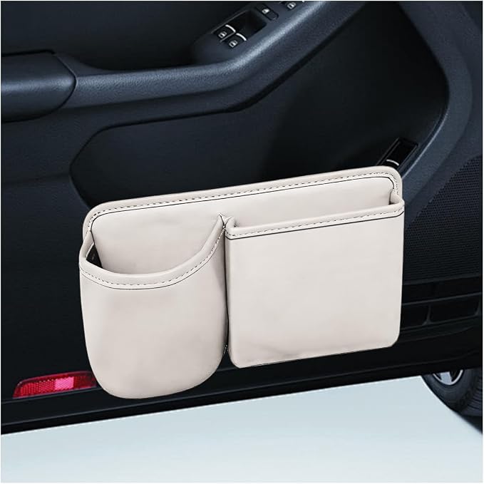 Car Side Door Organizer, Leather Auto Back Seat Storage Pouch with Cup Holder, Car Console Side Trash Can, Universal Vehicle Interior Organizer Pocket for Phone, Coin, Sunglasses (White)