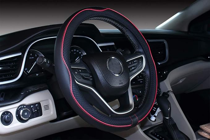 Large Size Steering Wheel Cover Anti-Slip,Safety,Soft,Breathable,Durable,Full Surround,Comfortable Grip Microfiber Leather (15.5-16 inch, Black Red)