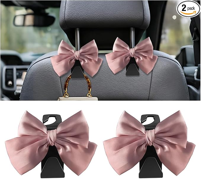 2PCS Car Seat Headrest Hook, Cute Bow Stylish Seat Back Purse Handbag Hanger Organizer, Multi-Purpose Auto Backseat Storage Hook Holder for Umbrella Coat Bag, Universal Fit (Pink)