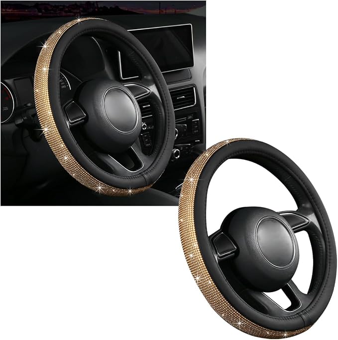 Steering Wheel Cover, Bling Crystal Rhinestones Auto Wheel Protector, Sparkly Cover Universal Fit Diverse 14.5-15 inch Steering Wheel, Interior Decor Car Accessories (Golden)