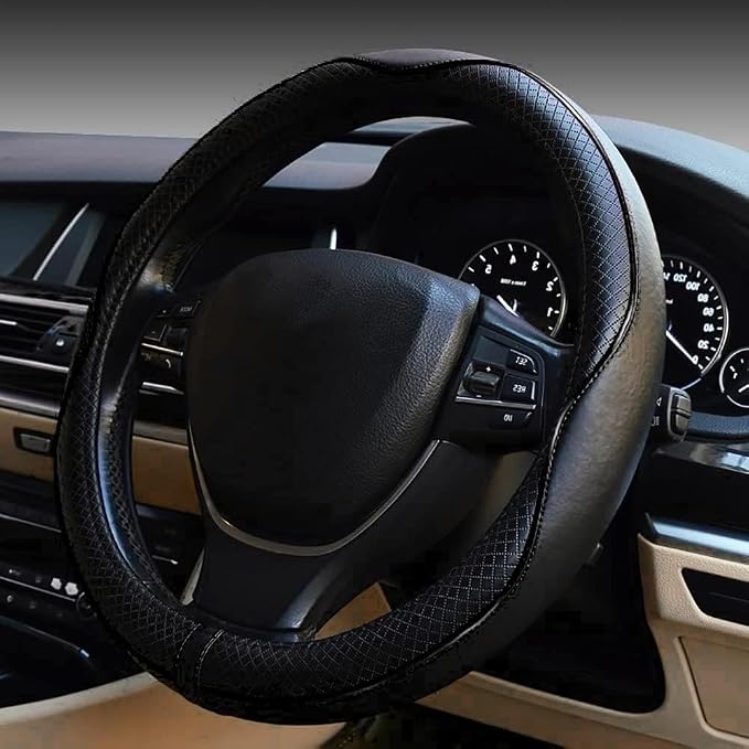 Microfiber Leather Steering Wheel Cover, Universal 14.5-15 Inch Steering Wheel Anti Slip Car Interior Accessories for Men Women (Black)