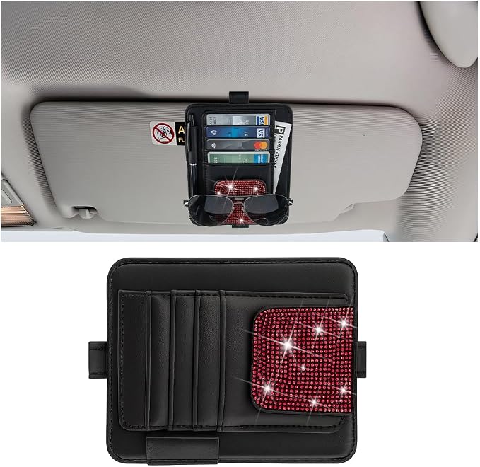 Bling Car Sun Visor Organizer, Multi Pocket Crystal Rhinestone Vehicle Sunshade Card Sleeve Storage Pouch with Pen Sunglass Holder, Auto Interior Visor Organizer Pouch, Universal Fit (Red)