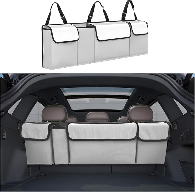 Car Trunk Organizer, Backseat Hanging Large Storage with Adjustable Straps,Waterproof PVC Collapsible Cargo Bag, Car Interior Accessories for Auto SUV MPV (White)