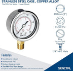 200 Psi Pressure Gauge, 2" Dial Size, 1/4 NPT Lower Mount, Waterproof, Stainless Steel Case, for Water Filter Pneumatic Regulator Air Compressor Tire Pressure Test
