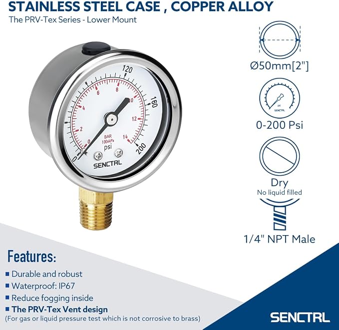 200 Psi Pressure Gauge, 2" Dial Size, 1/4 NPT Lower Mount, Waterproof, Stainless Steel Case, for Water Filter Pneumatic Regulator Air Compressor Tire Pressure Test