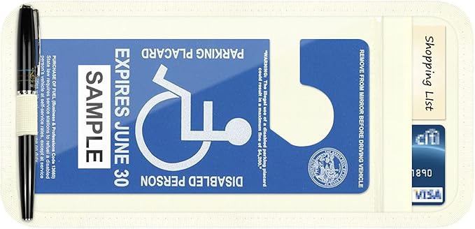 Handicap Placard Holder for Auto, Disabled Parking Permit Sign Protector for Car Sun Visor with Note Paper Slot, Pen Holder and Elastic Strap - Beige