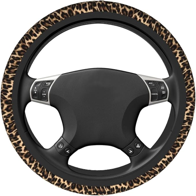 Cheetah Brown Leopard Pattern Black Hunting Steering Wheel Cover Car Accessories Cute for Women Girls Girly Universal 15 Inch Neoprene Auto Interior Decor Anti Slip Car Truck Protector