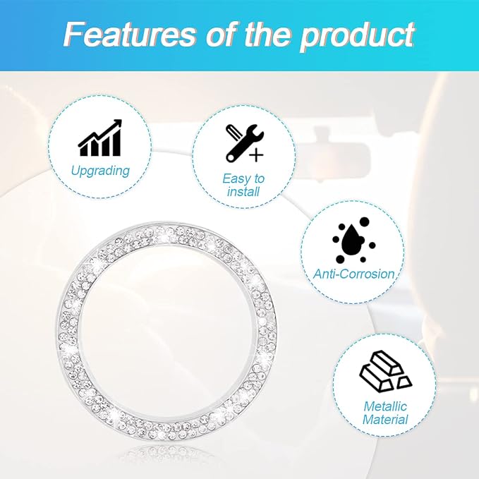 Car Bling Crystal Rhinestone Engine Start Ring Decals, 2 Pack Car Push Start Button Cover/Sticker, Key Ignition Knob Bling Ring, Sparkling Car Interior Accessories for Women (Double Silver)
