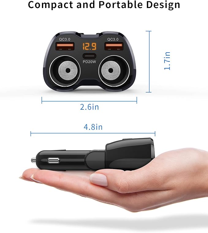 [2026 Upgraded] Cigarette Lighter Splitter, 180W 2-Socket Cigarette Lighter Adapter with Dual QC3.0 and 20W PD USB C Car Charger Splitter for GPS/Dash Cam/Laptop/iPad/iPhone 17/16/15/14/13/12