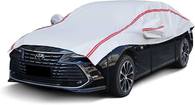 Half Car Cover Top with Red Reflective Strip, Snow Car Cover with Cotton Liner, Sunroof & Windshield Cover for Ice and Snow, All Weather Car Body Cover Fit for Compact Sedan