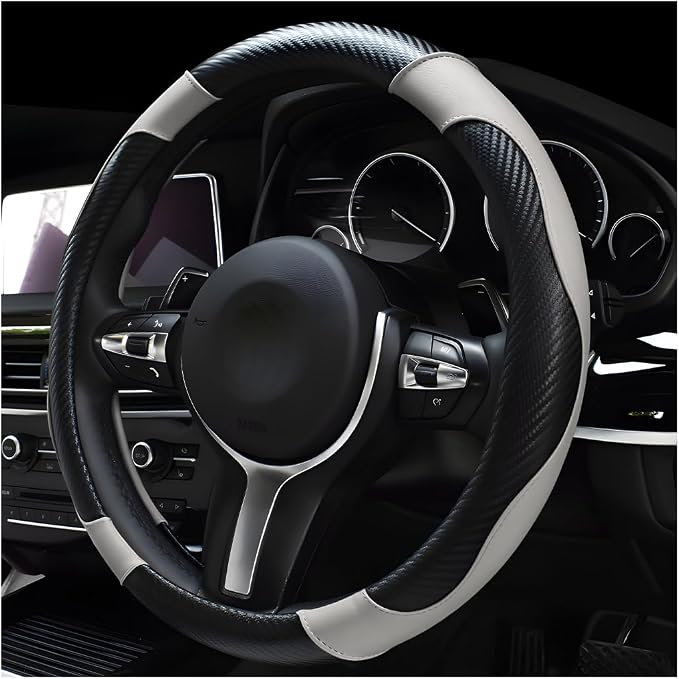Car Steering Wheel Cover, 15 Inch Carbon Fiber Leather Stitching Color Steering Wheel Protector, Anti-Slip Elastic Breathable Steering Wheel Cover Stylish Decor for Most Cars (Black & White)