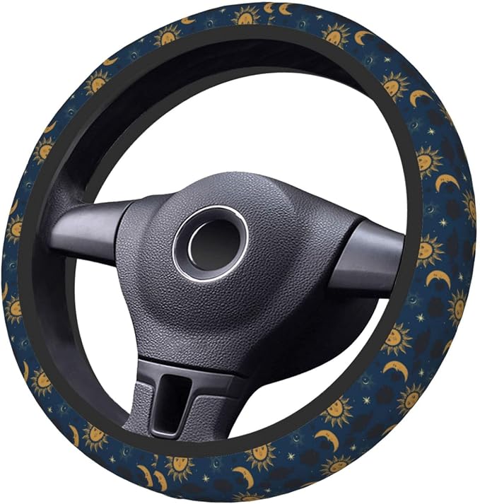 Elastic Stars Sun Moon Navy Boho Car Steering Wheel Cover Protector Upgrade Thicken,Durable Soft Car Accessories for Diverse Cars Truck SUV for Men Women Universal 15 Inch