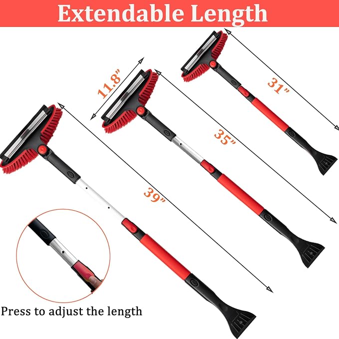 Car Snow Brush Ice Scraper Remover with Squeegee 39inch Long Handle Extendable Snow Removal Tool Windshield Snow Scrapers Removal Shovel for Ice and Snow Red Color