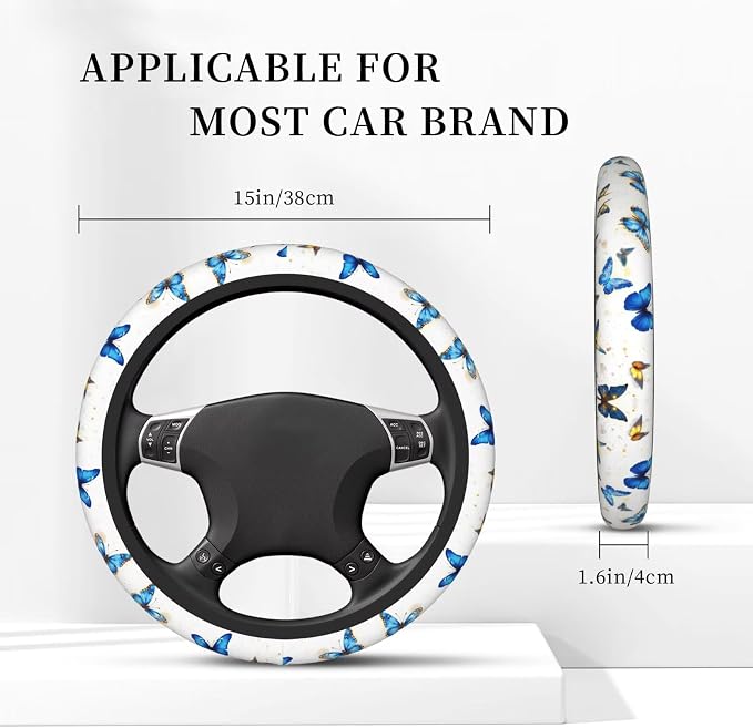 Butterfly Blue Steering Wheel Cover Beauty Butterflies Steering Wheel Cover Butterflies Car Accessories Butterfly Decoration Anti-Slip Universal Breathable 14-15 in 2 Car Cup Coasters for Women