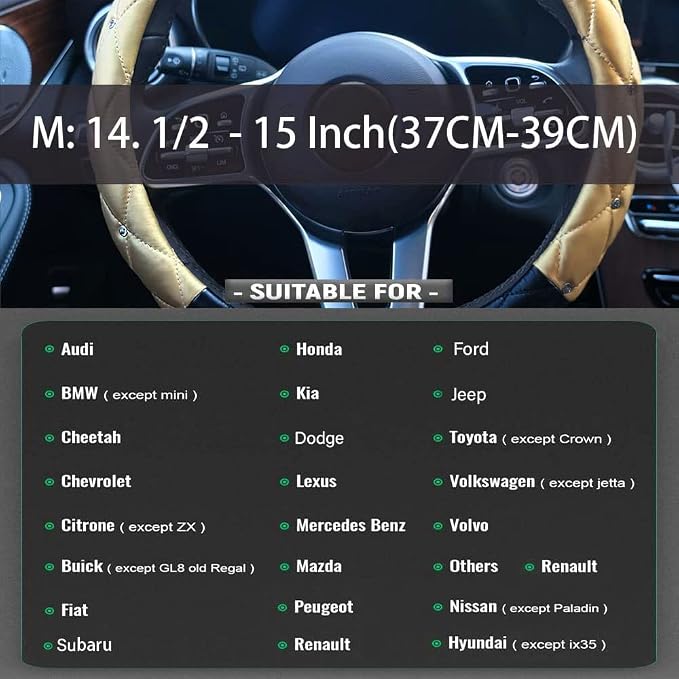 Black Gold Leather Bling Steering Wheel Cover, Anti-Slip Steering Wheel Protector with Crystal Rhinestones, Bling Steering Wheel Cover for Women and Girl Fit 14.5-15 inch