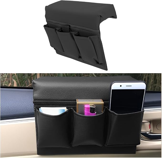 Car Window Armrest Storage Box, Multifunctional Leather Door Side Organizer with Pockets, Comfortable Automotive Interior Arm Elbow Rest Pad Storage Bag, Universal for Vehicles (Black)