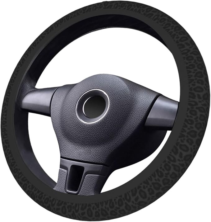 Leopard Grey Animal Leather Steering Wheel Cover Car Accessories Cute for Women Girls Girly Universal 15 Inch Neoprene Auto Interior Decor Anti Slip Car Truck Protector