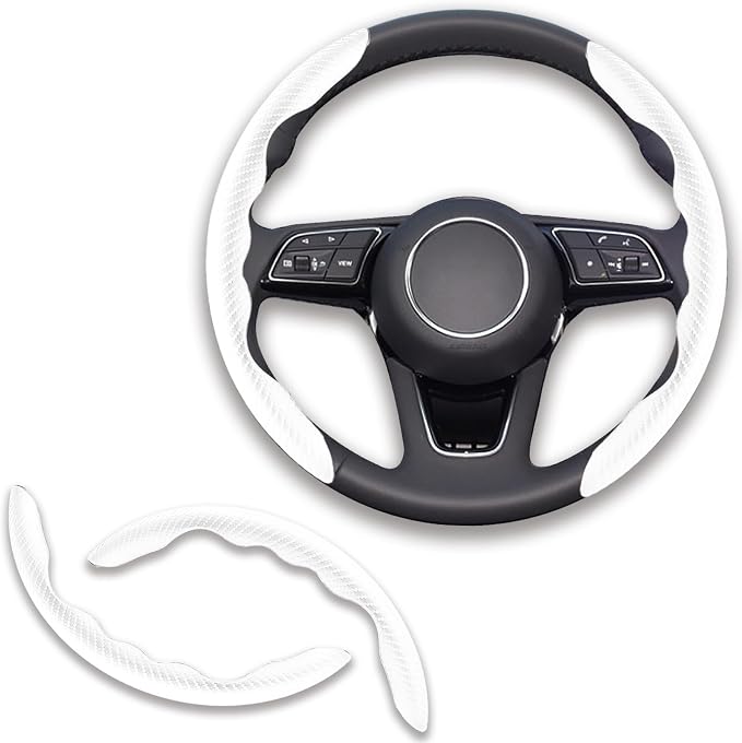 2pcs Universal Fit Carbon Fiber Steering Wheel Cover, Anti-Skid Steering Wheel Cover/Segmented Steering Wheel Protector/Car Interior Accessories (White)