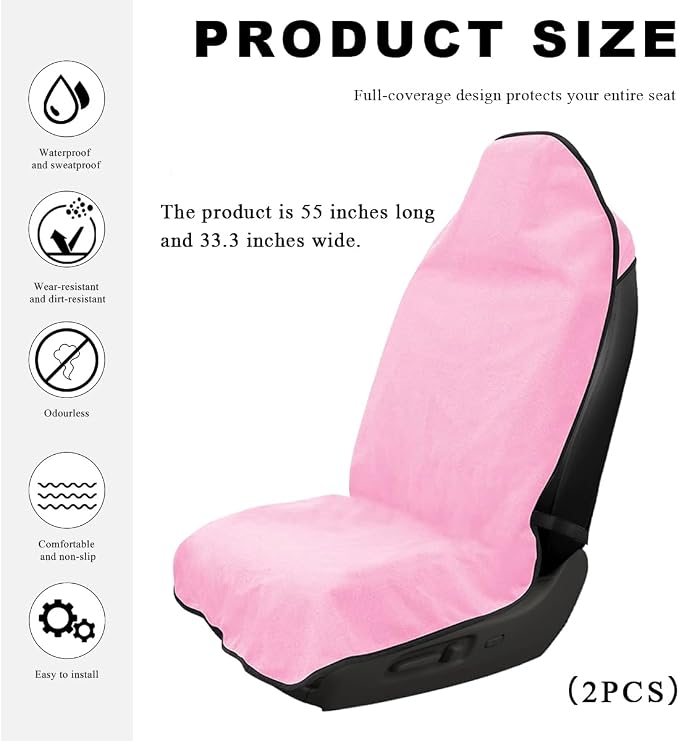 2PCS Car Towel Seat Cover, Waterproof Sweating Non-Slip Premium Soft Towel Carseat Protector, Universal Machine Washable Car Truck SUV Front Seat Cover for Gym Workout Beach Hiking (Pink)
