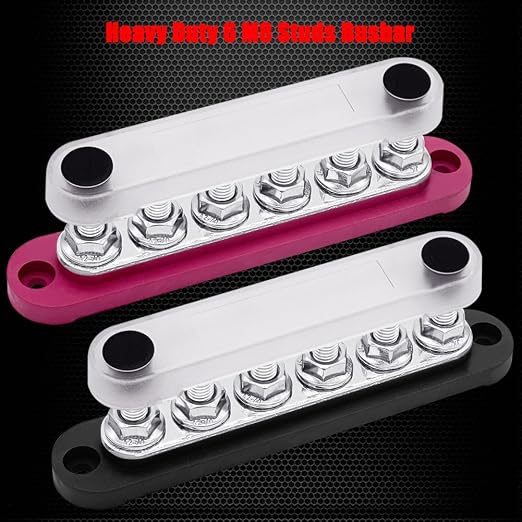 6 x M8 (5/16") Studs Power Distribution Block Bus Bar 12V, 5.9" HD 200A Marine BusBar Battery Distribution Block W/Cover for Car Boat Solar (Red & Black)