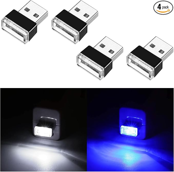4 PCS USB LED Car Interior Atmosphere Lamp, Portable Mini LED Night Light, Plug-in USB Interface Trunk Ambient Lighting Kit, Universal Car Interior Accessories (White, Blue)