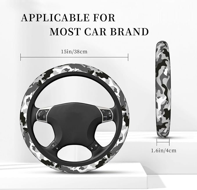 Black Grey White Camo Camouflage Steering Wheel Cover for Women Men Girls Car Accessories Decor Anti-Slip Neoprene Auto Steering Wheel Covers Protector Universal 15 Inch