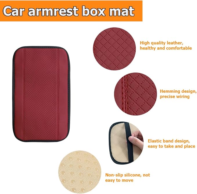 Car Armrest Storage Box Mat, Fiber Leather Car Center Console Cover, Car Armrest Seat Box Cover Accessories Interior Protection for Most Vehicle, SUV, Truck, Car (Wine Red)