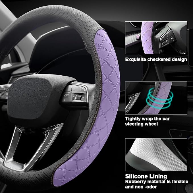 Nappa leather steering wheel cover,elegant diamond checkered design, non-slip wear-resistant, enhance driving comfort, suitable for steering wheel diameter 14 1/2‘-15’ models.Black and purple