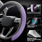 Nappa leather steering wheel cover,elegant diamond checkered design, non-slip wear-resistant, enhance driving comfort, suitable for steering wheel diameter 14 1/2‘-15’ models.Black and purple