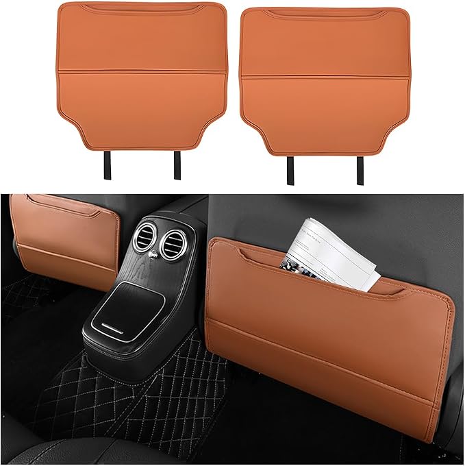 2PCS Car Kick Mat, Anti-Scratch Waterproof Anti-Slip Vehicle Back Seat Protector with Storage Pockets, Automotive Interior Seat Back Covers, Universal for SUV RV Truck (Red Brown)