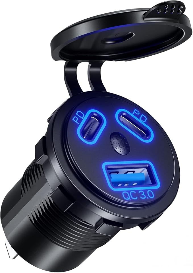 12V USB Outlet Car Charge, 108W Super Fast Dual Charging Port | PD3.0 & QC3.0 3-Port Port for Car, USB C Cigarette Lighter Replacement 12V Socket Waterproof for Marine Motorcycle RV Golf