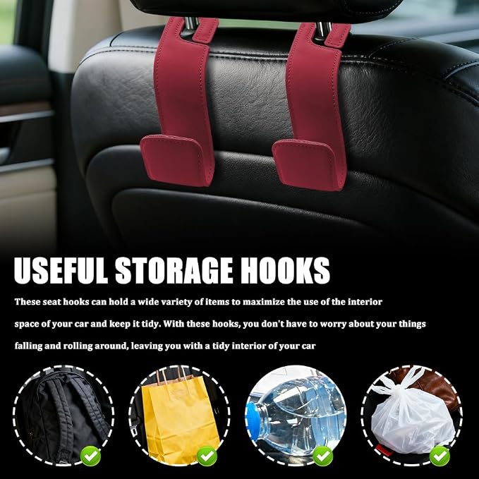 2PCS Car Seat Headrest Hooks, Purse Hook for Car, Automotive Headrest Handbags Holder, Auto Accessories Leather Seatback Organizer Hanger for Hanging Purses Bags Coats (Red, 2PCS)
