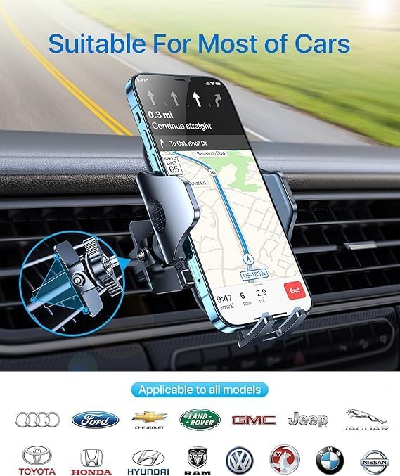 2026 Upgraded Car Phone Holder Mount for Vent, Military Sturdy Metal Clip Air Vent Phone Holder for Your Car Easy Used Cell Phone Car Mount for iPhone 17 16 15 14 13 12 Pro Max Samsung Grey