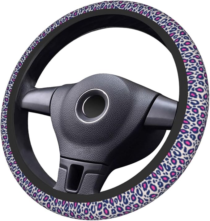 Animal Leopard Print Pink Black Steering Wheel Cover Car Accessories Cute for Women Girls Girly Universal 15 Inch Neoprene Auto Interior Decor Anti Slip Car Truck Protector