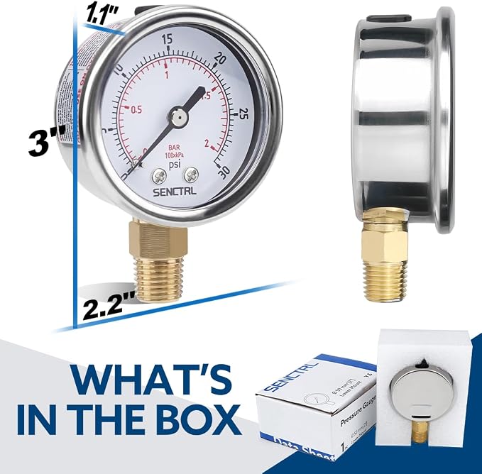 0-30 Psi Low Pressure Gauge, 2" Dial Size, 1/4 Npt Lower Mount, Waterproof, Stainless Steel Case, for Water Oil Air Pressure Test