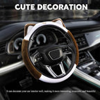 Car Steering Wheel Cover, 15 Inch Fluffy Soft Plush Auto Protector, Anti-Slip Elastic Lovely Car Cover Accessories with Kitty Cat Ears Universal for Most Cars (Fluffy-White+Brown)