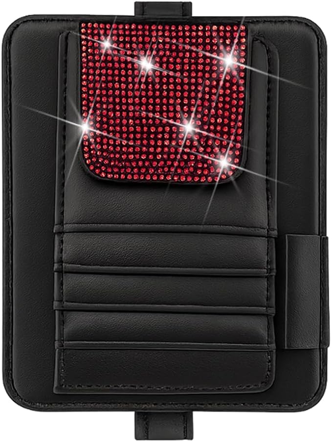 Bling Car Sun Visor Organizer, Multi Pocket Crystal Rhinestone Vehicle Sunshade Card Sleeve Storage Pouch with Pen Sunglass Holder, Auto Interior Visor Organizer Pouch, Universal Fit (Red)