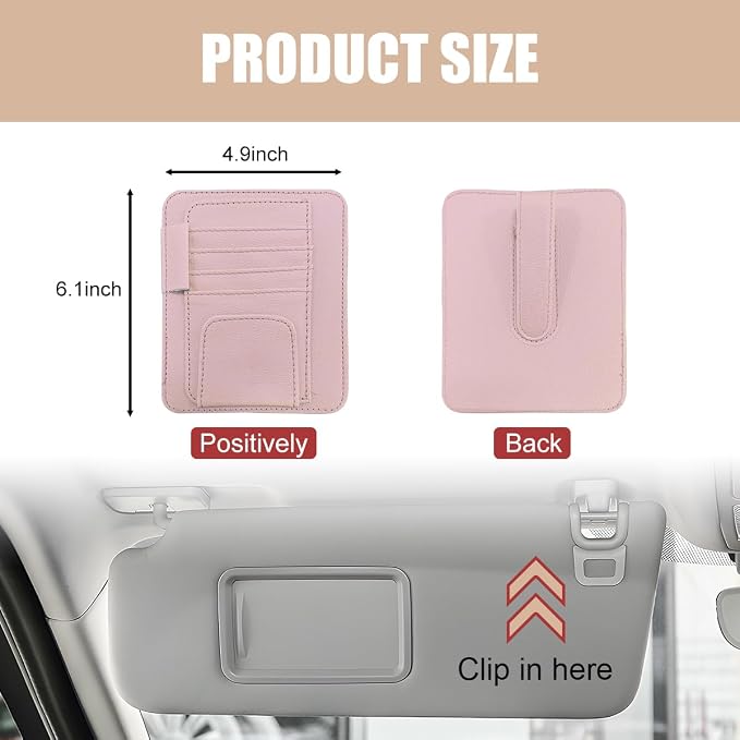 2 PCS Car Sun Visor Organizer, Small Auto Visor Organizer and Storage, Registration and Document Holder for Sunglasses, Card, Pen, Driver License, Car Accessories (Pink)