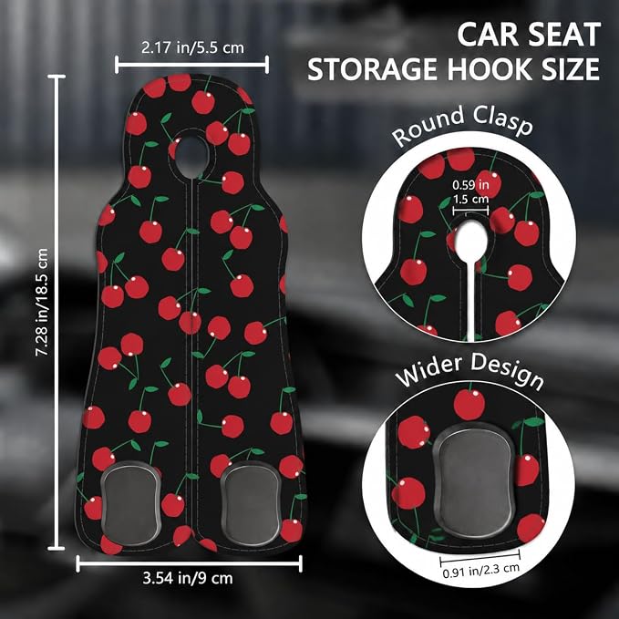 Cute Cherry Car Seat Back Storage Headrest Hooks for Purses & Bags – 2PCS PU Leather Dual Metal Hooks, Backseat Organizer Accessories