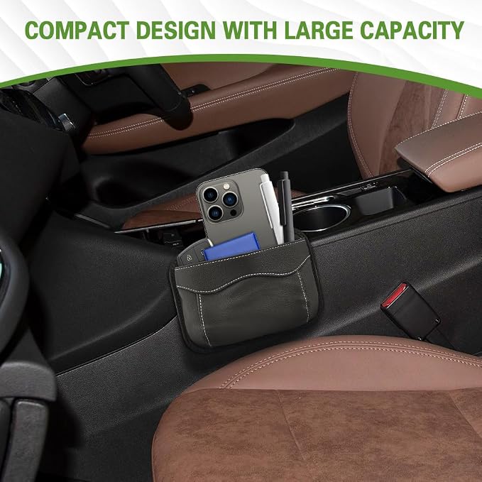 Car Seat Side Pocket Organizer, PU Leather Car Seat Gap Filler Bag, Car Seat Pocket Storage Bag for Phone, Keys, Sunglass, Wallet, Car Organizer Accessories for Seat, Door, Window (Black)