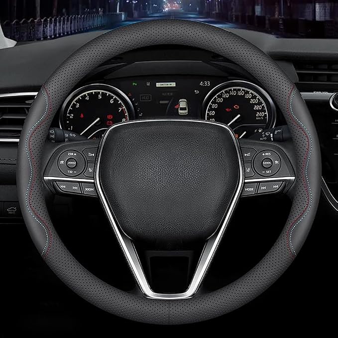 Nappa Premium Leather car Steering Wheel Cover, Non-Slip, Breathable, Universal 15 inches,Black and red Blue line