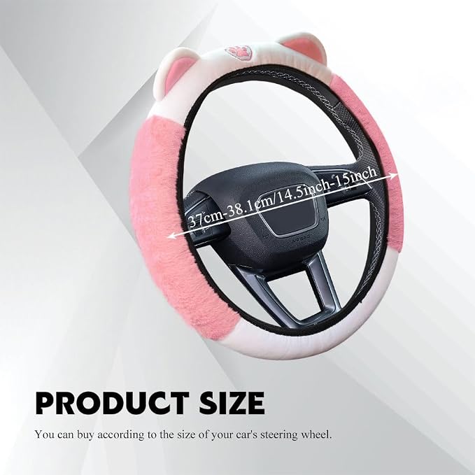 Car Steering Wheel Cover, 15 Inch Fluffy Soft Plush Auto Protector, Anti-Slip Elastic Lovely Car Cover Accessories with Kitty Cat Ears Universal for Most Cars (Fluffy-White+Light Pink)