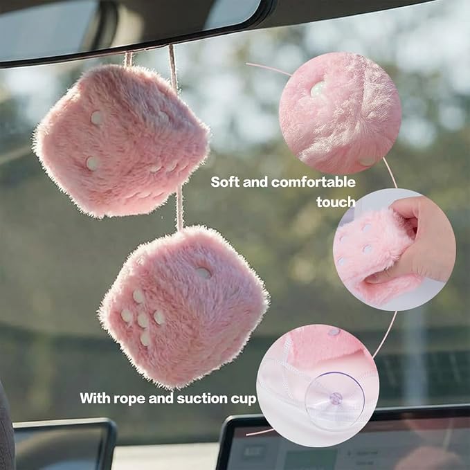Fuzzy Plush Dice for Car Mirror, Pair of Retro 3” Light Pink Dice with White Dots for Car Interior Hanging Ornament Decoration (Light Pink)