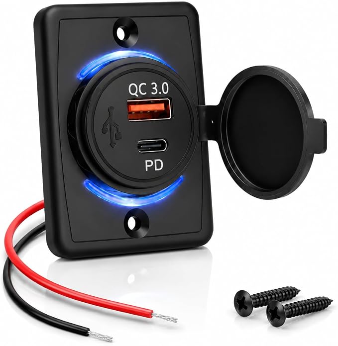 48W Dual USB Car Charger, QC3.0 & PD Fast Charging with LED Light Ring for Cars, RVs, Buses, Trucks – 12V-24V Vehicle USB Adapter