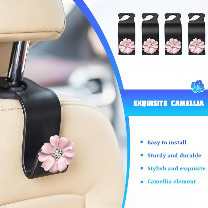 4PCS Bling Car Seat Headrest Hooks, Crystal Rhinestone Flower Vehicle Back Seat Hanger Holder Hook, Automotive Interior Hanging Storage Accessories for Purse Coats Bag, Universal Fit (Pink)