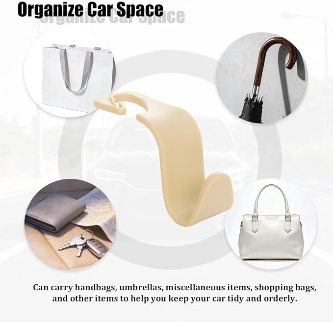 Car Seat Headrest Hook, 4PCS Vehicle Seat Back Hanger Storage Organizer for Handbag Purse Coat, Auto Interior Headrest Hook, Universal for SUV Automobile Truck (Beige)