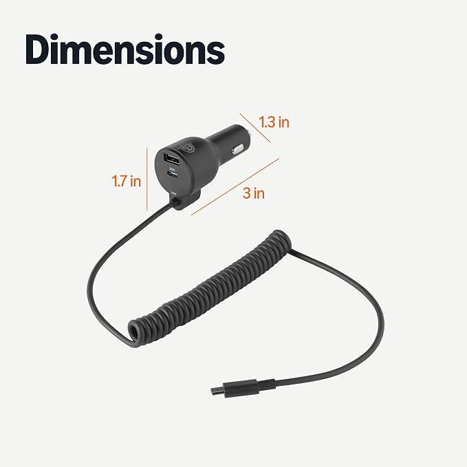 Fast-Charging Car Charger, 60W, 1 USB-C Port (30W), 1 USB-A Port, 1 Built-in Coiled USB-C Cable (30W), Black